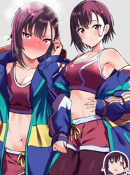  adjusting_hair asymmetrical_bangs blue_jacket blush breasts closed_mouth collarbone female green_jacket hair_ornament hairclip highres jacket leggings leggings_under_shorts looking_at_viewer medium_breasts mikazuki_shizuka multicolored_clothes multicolored_jacket multiple_views navel open_clothes open_jacket orange_jacket pink_eyes pink_shorts pink_sports_bra purple_hair purple_leggings red_jacket short_hair shorts simple_background sleeves_past_wrists sports_bra totoki86 zom_100:_zombie_ni_naru_made_ni_shitai_100_no_koto 