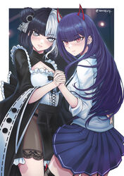  2girls absurdres akuma_nihmune akuma_nihmune_(1st_costume) banefury black_hair cowboy_shot double_bun eiko_orihime grey_eyes hair_bun highres holding_hands indie_virtual_youtuber long_hair looking_at_viewer maid mole mole_under_eye multicolored_hair multiple_girls pink_hair purple_hair skirt thighhighs twitter_username two-tone_hair virtual_youtuber white_hair 