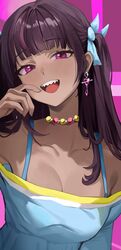  absurdres blue_dress blue_ribbon blunt_bangs blush breasts brown_hair cleavage collarbone commentary dark-skinned_female dark_skin dress earrings female finger_to_mouth gyaru hair_ribbon heart heart_earrings highres jewelry jururu large_breasts long_hair looking_at_viewer multicolored_hair necklace off-shoulder_dress off_shoulder open_mouth ori_(0rizuru) purple_eyes purple_hair ribbon sharp_teeth smile solo streaked_hair tan teeth two_side_up virtual_youtuber waktaverse 