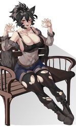  animal_ears black_footwear black_hair blue_shorts boots borrowed_character breasts claw_pose cleavage collarbone commentary english_commentary female fingernails full_body highres large_breasts long_fingernails looking_at_viewer open_mouth original red_eyes short_hair shorts sitting solo tail thighhighs tomatolover16 torn_clothes torn_thighhighs white_background 