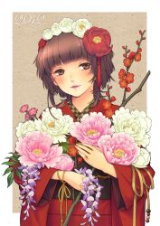  2012 branch brown_eyes brown_hair carnation carrying commentary_request female flower hair_flower hair_ornament highres japanese_clothes kayu kimono lips new_year obi open_mouth original peony_(flower) plum_blossoms sash short_hair smile solo upper_body wisteria 