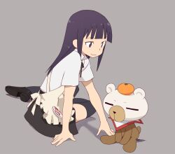  apron black_legwear commentary_request daisy_(working!!) female food fruit long_hair nse orange_(fruit) photoshop_(medium) purple_eyes purple_hair sitting smile stuffed_animal stuffed_toy teddy_bear thighhighs working!! yamada_aoi yokozuwari 