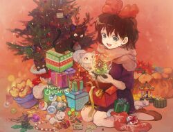  animal black_cat bow brown_hair candy candy_cane christmas christmas_tree commentary_request extra family feline female food gift grey_eyes hairbow jiji_(majo_no_takkyuubin) kiki_(majo_no_takkyuubin) kitten kneeling lily_(majo_no_takkyuubin) majo_no_takkyuubin merry_christmas photoshop_(medium) red_background saya_(mychristian2) scarf shoes short_hair sitting smile snow_globe snowflakes white_cat 