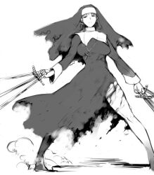  black_keys_(type-moon) coif commentary_request cross cross_earrings dress dual_wielding earrings fate/zero fate_(series) female genderswap_(mtf) greyscale habit holding jewelry kotomine_kirei monochrome necklace nun rule_63 solo tori_(driftwood) torn_clothes traditional_nun 