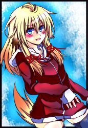  absurdres animal_ears bad_id bad_pixiv_id blonde_hair blue_eyes blush colorized female highres kemonomimi_mode long_hair moriya_suwako musupon214 nora_wanko solo tail thighhighs touhou 