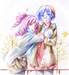  2girls autumn autumn_leaves belt blue_eyes blue_hair casual dress drill_hair glasses hakamichi_shizune hug jacket kamifish katawa_shoujo mikado_shiina multiple_girls pantyhose photoshop_(medium) pink_hair quad_drills quad_tails scarf short_hair traditional_media tree yellow_eyes 