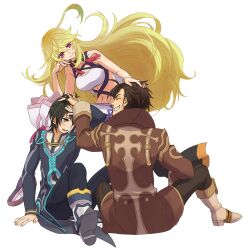  2boys alvin_(tales) black_hair blonde_hair boots brown_hair commentary_request female grin headpat jude_mathis kagio_(muinyakurumi) knee_boots long_hair manly milla_maxwell multiple_boys photoshop_(medium) purple_eyes smile tales_of_(series) tales_of_xillia white_background yellow_eyes 