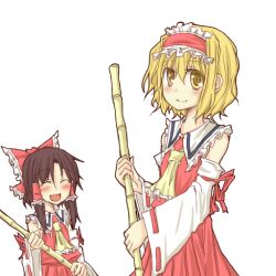  2girls :d ^_^ alice_margatroid ascot bamboo bamboo_broom blonde_hair blush bow broom brown_hair closed_eyes commentary_request cosplay detached_sleeves hair_tubes hairband hairbow hakurei_reimu hakurei_reimu_(cosplay) happy large_bow multiple_girls natsuk open_mouth shirt skirt skirt_set smile touhou yellow_eyes 