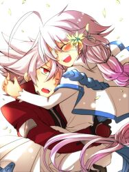  1boy ahoge alternate_costume bad_id bad_pixiv_id blazblue blush braid closed_eyes eyepatch female flower grey_hair hair_flower hair_ornament hug kuro_yuzu long_hair nu-13 ragna_the_bloodedge red_eyes short_hair single_braid 