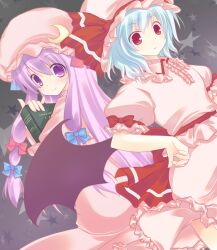  2girls bad_id bad_pixiv_id bat_wings blue_hair book crescent frills hair_ribbon hand_on_own_hip hat holding holding_book izumiyuhina long_hair multiple_girls patchouli_knowledge photoshop_(medium) purple_eyes purple_hair red_eyes remilia_scarlet ribbon short_hair skirt skirt_set smile star_(symbol) touhou wings 