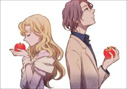  1boy apple blonde_hair blue_eyes border bracelet closed_eyes commentary_request dress female food fruit glasses holding holding_food holding_fruit jacket jewelry long_hair mamefuku mawaru_penguindrum purple_hair short_hair simple_background tabuki_keiju tokikago_yuri 