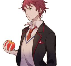  1boy apple blazer border commentary_request food fruit green_eyes holding holding_food holding_fruit jacket male_focus mamefuku mawaru_penguindrum necktie red_hair school_uniform simple_background solo takakura_kanba vest 