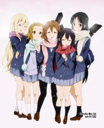  5girls akiyama_mio artist_name black_eyes black_hair blonde_hair brown_eyes brown_hair closed_eyes commentary_request guitar_case hirasawa_yui instrument_case k-on! kotobuki_tsumugi long_hair multiple_girls nakano_azusa pantyhose photoshop_(medium) sakuragaoka_high_school_uniform scarf school_uniform short_hair signature tainaka_ritsu twintails v yamasaki_wataru 