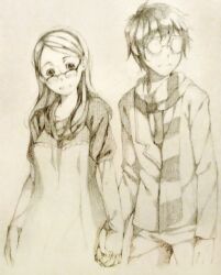  1boy blurry couple embarrassed female glasses holding_hands interlocked_fingers kamifish katawa_shoujo monochrome opaque_glasses round_eyewear scarf school_uniform setou_kenji shirakawa_yuuko short_hair straight striped_clothes striped_scarf traditional_media yamaku_high_school_uniform 