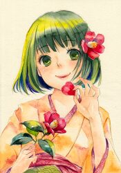  camellia commentary_request female flower green_eyes green_hair hair_flower hair_ornament japanese_clothes kimono original painting_(medium) smile solo toyoda_izumi traditional_media watercolor_(medium) 