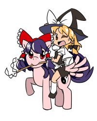  animalization blonde_hair brown_eyes commentary_request cutie_mark female gohei hakurei_reimu hat horseback_riding kirisame_marisa long_hair looking_at_viewer lowres mouth_hold my_little_pony my_little_pony:_friendship_is_magic one_eye_closed open_mouth parody pegasus pony_(animal) red_eyes riding simple_background smile touhou white_background witch_hat yin_yang zassou_maruko 