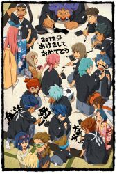  2012 4girls 6+boys amagi_daichi ball blue_hair brother_and_sister brown_eyes brown_hair calligraphy calligraphy_brush commentary_request drawing_on_another&#039;s_face dreadlocks endou_mamoru everyone glasses goggles gouenji_shuuya green_hair grin hamano_kaiji hayami_tsurumasa inazuma_eleven_(series) inazuma_eleven_go japanese_clothes kageyama_hikaru kakizome kariya_masaki kidou_yuuto kirino_ranmaru kurama_norihito kurumada_gouichi long_hair matsukaze_tenma minamisawa_atsushi mosako multicolored_hair multiple_boys multiple_girls new_year nishiki_ryouma nishizono_shinsuke open_mouth paintbrush pink_hair purple_hair ribbon sangoku_taichi seto_midori shindou_takuto short_hair short_twintails siblings smile soccer_ball sorano_aoi telstar tsurugi_kyousuke twintails two-tone_hair yamana_akane yellow_eyes 