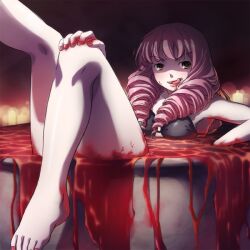  barefoot bath bath_of_blood bathing bikini bikini_top_only black_bikini blood breasts commentary drill_hair duplicate english_commentary feet female halloween kamifish katawa_shoujo legs licking_lips medium_breasts mikado_shiina nail_polish photoshop_(medium) pink_hair quad_drills red_nails solo swimsuit tongue tongue_out yellow_eyes 