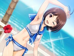  antenna_hair armpits bikini brown_eyes brown_hair commentary_request dutch_angle female hidaka_ai idolmaster idolmaster_dearly_stars midriff muhi11234 navel ocean one_eye_closed outdoors sailor_bikini sailor_collar sailor_swimsuit_(idolmaster) solo swimsuit 