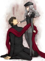  1boy brown_eyes brown_hair caren_hortensia cloth commentary_request fate/hollow_ataraxia fate/stay_night fate/zero fate_(series) father_and_daughter female femdom grey_hair hand_on_another&#039;s_face hat kneeling kotomine_kirei layered_sleeves long_hair pantyhose shroud_of_magdalene straight thighband_pantyhose time_paradox tori_(driftwood) yellow_eyes 