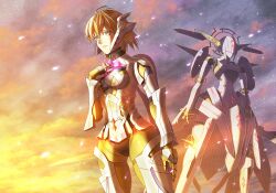  armor blonde_hair bodysuit clarityblue cloud commentary_request face_nemesis female fiora_(xenoblade) green_eyes hand_on_own_chest looking_at_viewer night night_sky photoshop_(medium) short_hair sky spoilers star_(sky) sunset xenoblade_chronicles_(series) xenoblade_chronicles_1 