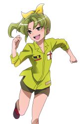  1boy androgynous bad_id bad_pixiv_id cosplay english_flag green_hair green_shirt hair_ribbon hikage_sumihito inazuma_eleven inazuma_eleven_(series) long_hair look-alike male_focus midorikawa_nao midorikawa_nao_(cosplay) midorikawa_ryuuji name_connection open_mouth otoko_no_ko ponytail precure ribbon shirt smile_precure solo white_background 