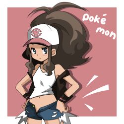  baseball_cap blue_eyes blush brown_hair denim denim_shorts english frown hainchu hainchu2 hands_on_hips hat long_hair navel no_panties off_shoulder pokemon pokemon_(game) pokemon_black_and_white pokemon_bw ponytail shorts solo touko_(pokemon) touko_(pokemon) vest 