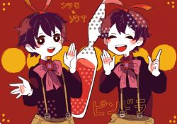  2boys ascot bad_drawr_id bad_id black_hair happy male_focus mawaru_penguindrum multiple_boys oekaki ribbon shirase_(mawaru_penguindrum) siblings souya_(mawaru_penguindrum) suspenders twins yai_(hachihito) 