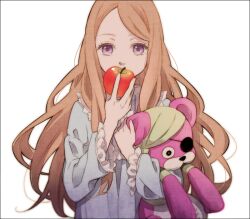  apple bandana border brown_hair commentary_request covering_own_mouth eyepatch female food frills fruit holding holding_food holding_fruit long_hair looking_at_viewer mamefuku mawaru_penguindrum nightgown purple_eyes simple_background solo stuffed_animal stuffed_toy takakura_himari teddy_bear 