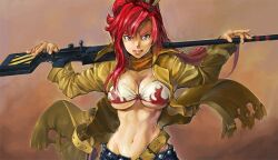  anti-materiel_rifle belt bikini bikini_top_only breasts cleavage coat commentary_request derivative_work female gun large_breasts long_hair midriff navel over_shoulder overcoat photoshop_(medium) ponytail red_hair rifle satoshi1923 scarf sniper_rifle solo swimsuit tengen_toppa_gurren_lagann toned underboob weapon weapon_over_shoulder yoko_littner 