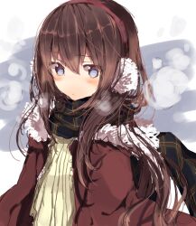  blue_eyes blush breath brown_hair coat commentary_request earmuffs female long_hair miya_(tsumazukanai) original plaid scarf solo winter 