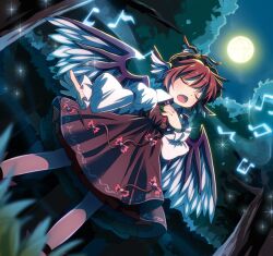  animal_ears bow chaba_(hortensia) commentary_request dress female full_moon hand_on_own_chest hat moon music musical_note mystia_lorelei photoshop_(medium) pink_hair short_hair singing solo standing touhou tree wings 