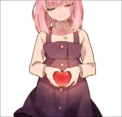  apple border buttons closed_eyes commentary_request dress eyelashes female food fruit holding holding_food holding_fruit lolicon mamefuku mawaru_penguindrum oginome_momoka pink_hair short_hair simple_background smile solo spoilers 