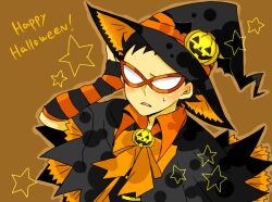  1boy alternate_costume batman_(series) black black_hair cape dc_comics dick_grayson domino_mask fingerless_gloves food fruit gloves halloween hand_on_hat hand_on_headwear happy_halloween hat jack-o&#039;-lantern jack-o&#039;-lantern_(symbol) jack-o-lantern male male_focus mask orange pixiv_thumbnail pumpkin resized robin robin_(dc) short_cape simple_background solo star_(symbol) striped sweatdrop teen_titans witch witch_hat 