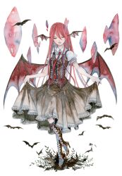  bad_id bad_pixiv_id bat_(animal) bat_wings boots buttons closed_eyes curtsey dress embellished_costume female frills full_body head_wings high_heels knee_boots koakuma light_smile long_hair necktie painting_(medium) pinkxxxna red_hair shoes simple_background skirt_hold solo touhou traditional_media very_long_hair vest watercolor_(medium) wings 