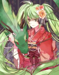  an-mar bad_id bad_pixiv_id dragon eastern_dragon female floral_print flower green_eyes green_hair hair_flower hair_ornament hand_on_animal hatsune_miku highres japanese_clothes jewelry kimono light_smile long_hair necklace new_year orange_flower orange_rose pearl_necklace pink_flower pink_rose red_flower red_kimono red_rose rose rose_print solo twintails very_long_hair vocaloid wallpaper_(object) 