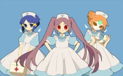  3girls bad_id bad_pixiv_id blue_eyes blue_hair hat inazuma_eleven inazuma_eleven_(series) koutyamiruku kurakake_clara kurione_yuki long_hair mask multiple_girls nurse nurse_cap orange_hair purple_hair short_hair smile touchi_ai twintails very_long_hair 