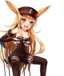  animal_ears bad_id bad_pixiv_id bare_shoulders blonde_hair blush bridal_gauntlets cannelle_(sword_girls) chair collarbone female fishnet_pantyhose fishnets flat_chest hat long_hair mx2j open_mouth orange_eyes pantyhose rabbit_ears shako_cap sitting solo striped sweatdrop sword_girls 