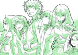  1boy 5girls aran_sweater cable_knit coat coat_on_head commentary_request cross-laced_clothes cross-laced_sleeves cross-laced_top fremea_seivelun green_theme hamazura_shiage harem hat hood hooded_coat hug hug_from_behind inoichi item_(toaru) kinuhata_saiai kuroyoru_umidori lace-up lace-up_sleeves lace-up_top lolicon monochrome mugino_shizuri multiple_girls smile straight stuffed_animal stuffed_dolphin stuffed_toy sweater takitsubo_rikou toaru_majutsu_no_index toaru_majutsu_no_index:_new_testament trench_coat 