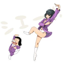  1boy black_hair bow bow_panties brown_eyes buck_teeth chanpii commentary_request female flat_chest gender_request hands iyami no_bra no_shoes osomatsu-kun osomatsu_(series) panties rule_63 sheeeh! socks teeth underwear white_panties 