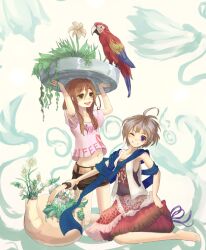  2girls armpits bad_id bad_pixiv_id barefoot bird blue_eyes brown_eyes brown_hair casual flower hiiragi_shou kneeling long_hair macaw midriff multiple_girls navel one_eye_closed original parrot scarlet_macaw short_hair sitting smile vest 