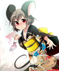  aki_(akikaze_asparagus) animal_ears blush commentary_request female floral_print floral_print_sash flying_sweatdrops furisode grey_hair japanese_clothes kimono mouse_ears mouse_tail nazrin new_year obi red_eyes sash short_hair smile solo tail touhou 