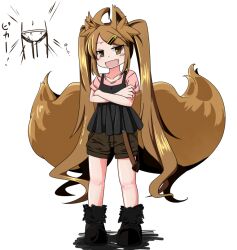  animal_ears brown_eyes brown_hair fox fox_ears fox_girl fox_tail fox_tails hair_ornament kitsune monster_girl multiple_tails new_years_(artist) original panties pixiv_manga_sample remiria27 shorts smile tail underwear 