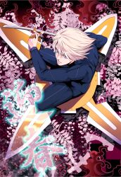  1boy blonde_hair commentary_request from_above ivan_karelin katana male_focus ocu83 origami_cyclone power_suit purple_eyes shuriken solo superhero_costume sword tiger_&amp;_bunny weapon 