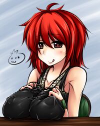  :q antenna_hair bad_id bad_pixiv_id bare_shoulders blush breast_rest breasts female heart heart-shaped_pupils hiita_(yu-gi-oh!) hiita_the_fire_charmer large_breasts naughty_face pako_(moto_paco) red_eyes red_hair sitting solo symbol-shaped_pupils tongue tongue_out yu-gi-oh! yu-gi-oh!_duel_monsters 