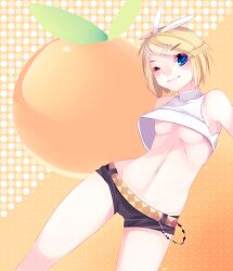  blonde_hair blue_eyes breasts female food fruit kagamine_rin loyproject no_bra one_eye_closed orange_(fruit) short_hair small_breasts solo underboob vocaloid 