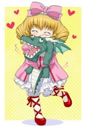  ankle_lace-up blonde_hair bloomers bow closed_eyes commentary_request cross-laced_footwear dragon dress female hairbow heart hinaichigo ichikawa_masahiro pink_bow rozen_maiden solo stuffed_animal stuffed_toy underwear 