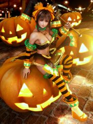  3d bandeau bare_shoulders breasts brown_eyes brown_hair cleavage cocoa_(character) female halloween hat incise_soul jack-o&#039;-lantern jester_cap jewelry large_breasts m-rs orange_theme smile staff striped_clothes striped_thighhighs thighhighs wand witch 