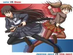  2girls black_hair black_legwear blazer brown_hair brown_legwear commentary_request jacket katana lielos multiple_girls original pantyhose poniko_(lielos) ponytail school_uniform sera_haruna skirt sword weapon 