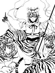  ann606 bishamonten&#039;s_pagoda commentary_request female greyscale monochrome simple_background smile solo tegaki tiger toramaru_shou touhou 